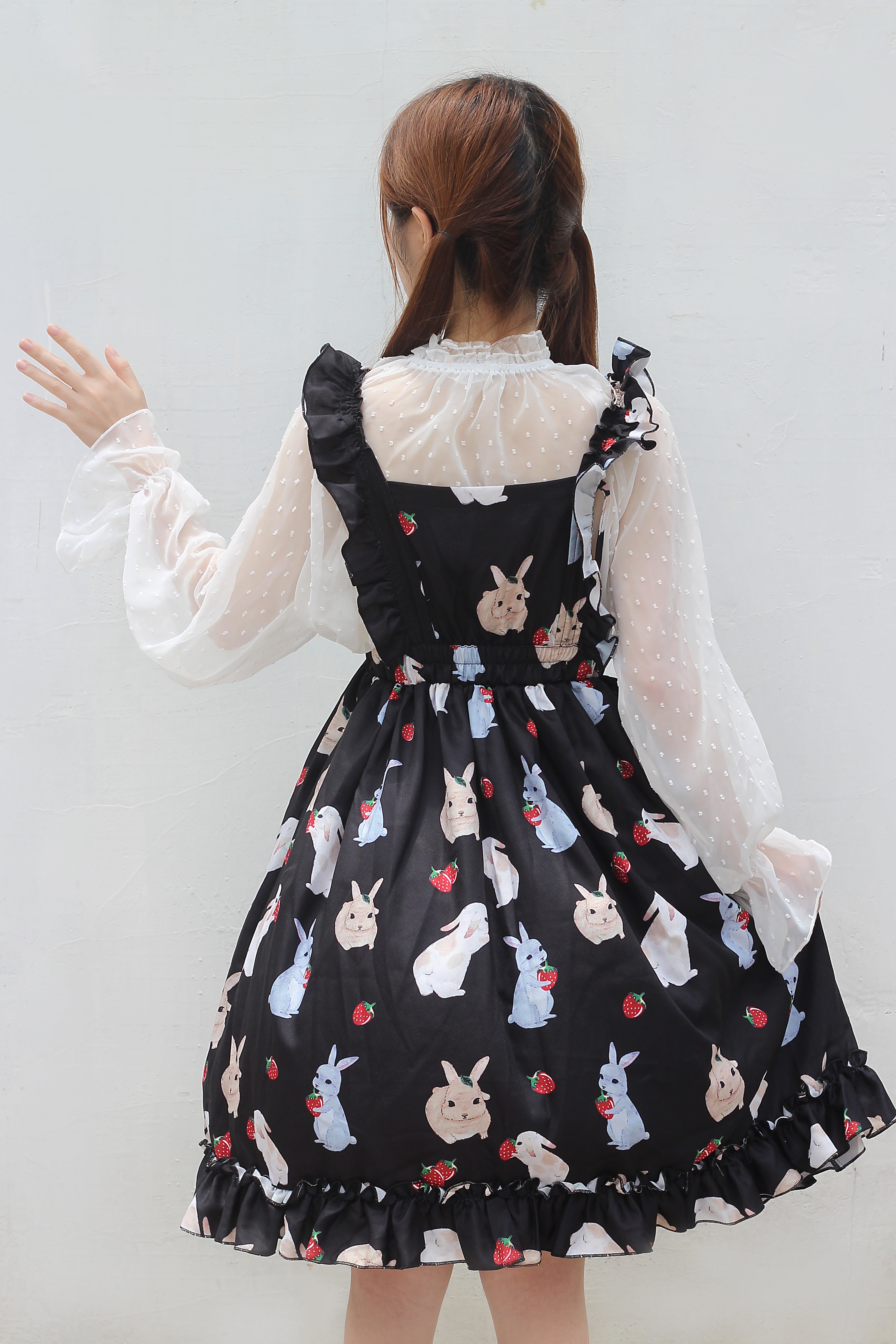 Sweet Lolita Rabbit Print Suspender Dress with Strawberry Pattern Kawaii Style Jumper Skirt